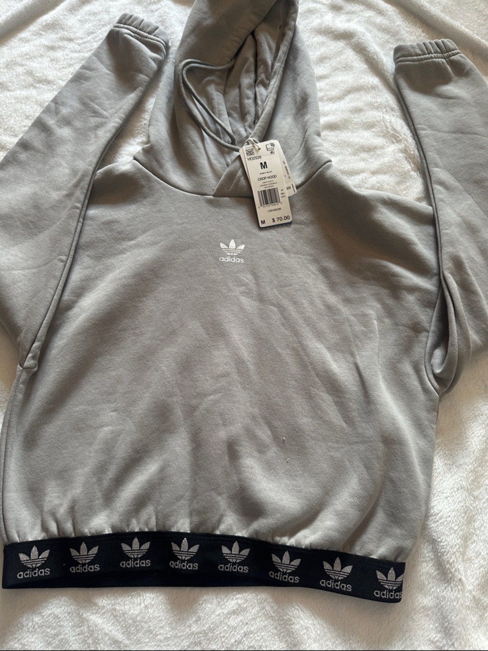 adidas Light Gray Cropped Hoodie with Black Logo Hem